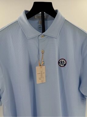 EXCLUSIVE!! Peter Millar Ole Miss Powder Blue Jubilee Striped SIP Polo!  L - NWT